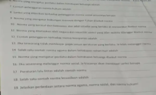 e. Norma yang mengatur perilaku datam kehidupan keluarga adalah __ 7. Contoh pelanggaran noma hukum adalah __ B. Sanksi yang diberikar terhadap pelanggaran norma