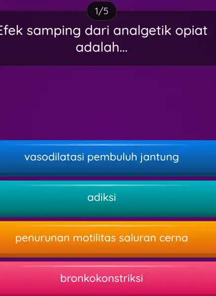 Efek s am ping dari analgetik opiat adalah __ vasodilatasi pembuluh jantung adiksi penurunan motilitas saluran cerna bronkokonstriksi