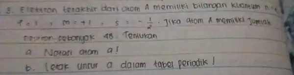 Election terokhir dari atom A memiliki bilangan kuantum n=4 x=1,m=+1,s=-(1)/(2^2) atom A memitiki jumiah or.sebanyak 48 Tentukan atom unsur dalam tabel periodik