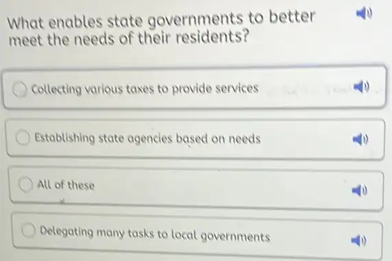 What enables state governments to better meet the needs of their residents? Collecting various taxes to provide services Establishing state agencies based on needs