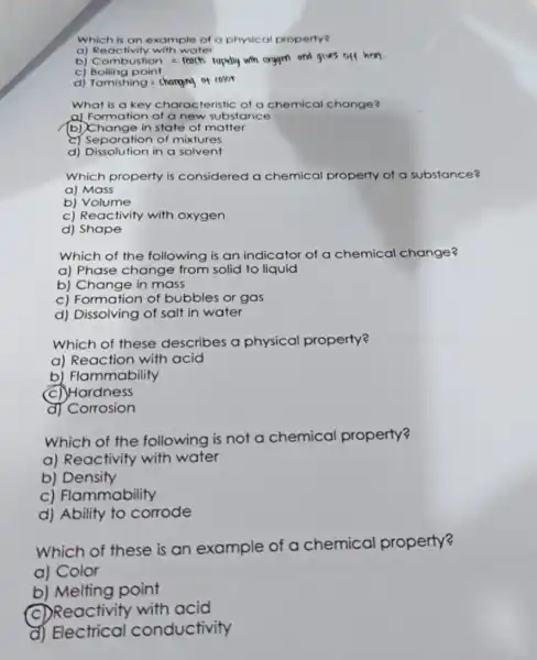 Which is an example of a physical property? a)Reactivity with water b) Bolling point c) d) Tomishing=chorgngor (olor What is a key characteristic of