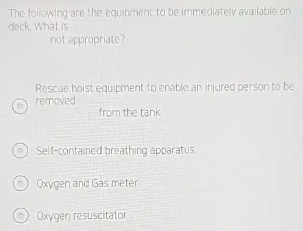 The following are the equipment to be immediately available on deck. What is not appropriate? Rescue hoist equipment to enable an injured person to