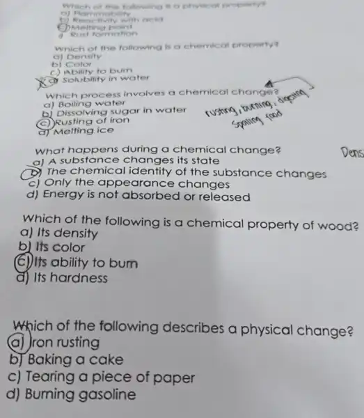 Which of the following is o physical property? a) Plammability b) Reactivily with acid (C) Melling point d. Rust forma flon which of the