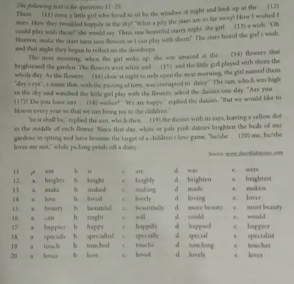 The following text is for questions 11-25 There __ (11) once a little girl who loved to sit by the window at night and