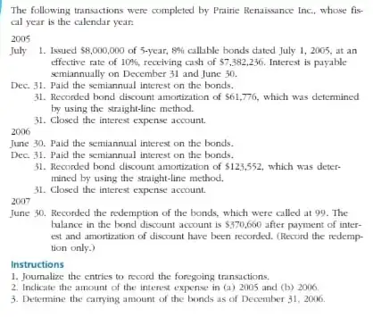 The following transactions were completed by Prairic Renaissance Inc.whose fis- cal year is the calendar year. 2005 July 1. Issued 8,000,000 of 5-year, 8%