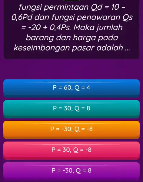 fungsi permintaan Qd=10- 0,6Pd dan fungsi pe nawaran Qs =-20+0,4Ps . Maka jumlah barang dan harga pada keseimban gan pasar adalah __ P=60,Q=4 P=30,Q=8