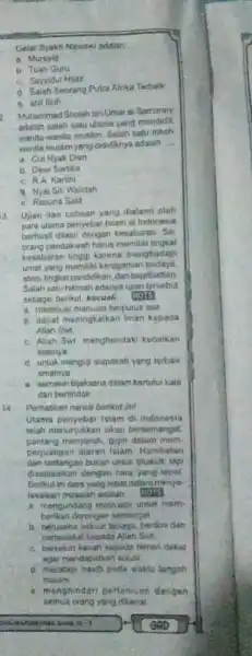 Gelar Syekh Nawawi adalah __ a. Mursyid b. Tuan Guru C. Sayyidul Hijaz d. Salah Seorang Putra Alrika Tecbaik e. ahli fikih Muhanmad Sholah