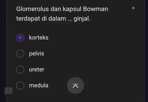 Glomerolus dan kapsul Bowman terdapat di dalam __ ginjal. korteks pelvis ureter medula