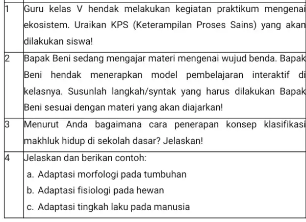 h Guru kelas V hendak melakukan kegiatan praktikum mengenai lekosistem. Uraikan KPS (Keterampilan Proses Sains) yang akan dilakukan siswa! 12 Bapak Beni sedang mengajar