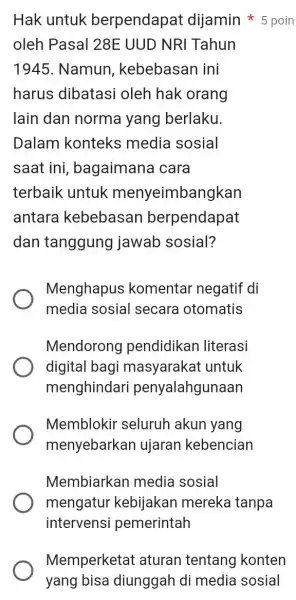 Hak untuk berpendapat dijamin 5 poin oleh Pasal 28E UUD NRI Tahun 1945. Namun , kebebasan ini harus dibatasi oleh hak orang lain dan