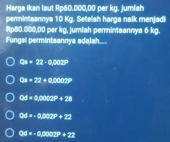 Harga ikan laut Rp60 .000,00 per kg jumlah perminteannya 10 Kg Setelah harga naik menjadi Rp80.000,00 per kg, jumlah permintaannya 6 kg. Fungsi permintaannya