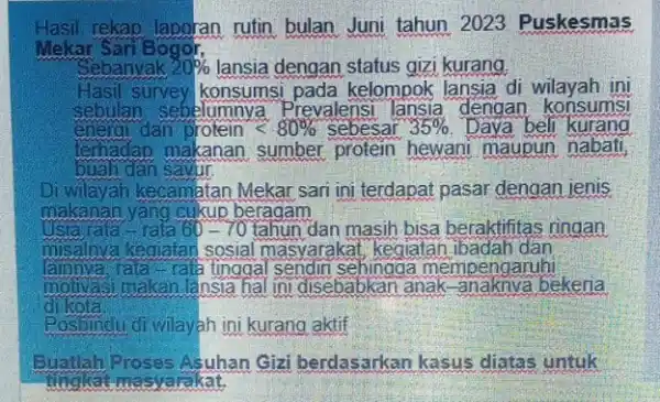 Hasil rekap laporan rutin bulan Juni tahun 2023 Puskesmas Mekar Sari Bogor, Sebanyak 20% lansia dengan status gizi kurang. Hasil survey konsumsi pada kelompok