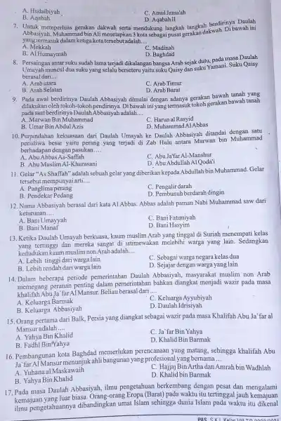 __ A. Hudaibiyah C. Amul Jama'ah B . Aqabah D. Aqabah II 7. Untuk memperluas gerakan dakwah serta mendukung langkah langkah berah Abbasiyah, Muhammad