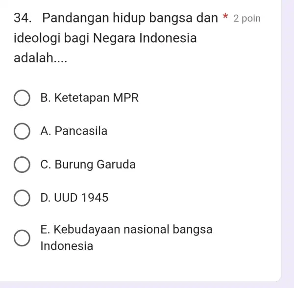 ideologi bagi Negara Indonesia adalah __ B. K etetapan M PR A. Pancasila C. Burung Garuda D. UUD 1945 E . Kebudayaan nasional bangsa