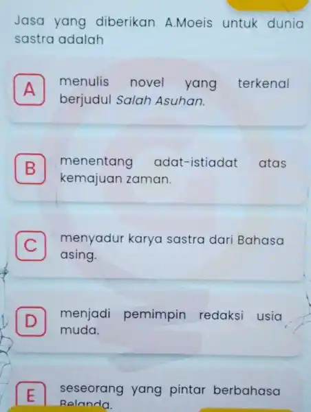 Jasa yang diberikan A Moeis untuk dunia sastra adalah A berjudul Salah Asuhan. menulis s novel yang terkenal A B menentang adat-istiadat atas B