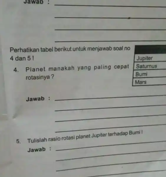 Jawa b : __ Perhatikan tabel berikut untuk menjawab soal no 4 dan 5! 4. Planet manakah yang paling cepat rotasinya? Jawab : __