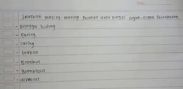 Jelaskan masing-masing Peranan atau fungsi organ-organ Pernapasan - Rongga hidung - Faring - laring - trakea - Bronkus - Bronkious - alveolus