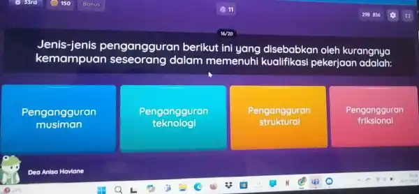 Jenis-jenis pengangguran berikut ini yang disebabkan oleh kurangnya kemampuan dalam memenuhi kualifikasi pekerjaan adalah: Pengangguran musiman Pengangguran teknolog Pengangguran struktural Pengangguran friksional