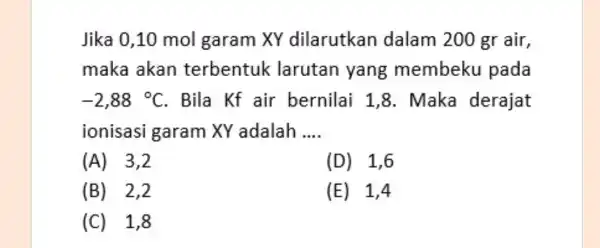 Jika 0,10 mol garam XY dilarutkan dalam 200 gr air, maka akan terbentuk larutan yang membeku pada -2,88^circ C . Bila Kf air bernilai