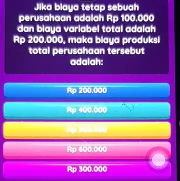 Jika biaya tetap sebuah perusahaan adalah Rp100.000 dan biaya variabel total adalah Rp200.000 maka biaya produksi total perusahaan tersebut adalah: Rp200.000 Rp400.000 Rp600,000 Rp300.000