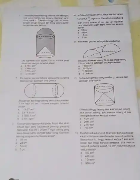 Jika dameter bola adalah 18 cm. volume yang darsir daribangun tersebul adalah __ B. 2187ccm^2 b 1944cm^3 C. 1701pi cm^2 d 1.215times cm^3 8