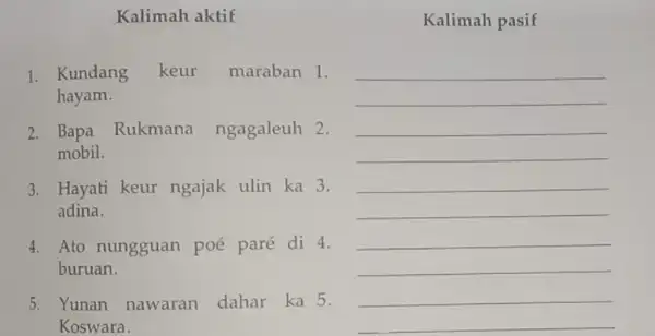 Kalimah aktif Kalimah pasif 1. Kundang keur maraban 1. hayam. 2. Bapa Rukmana ngagaleuh 2. mobil. 3. Hayati keur ngajak ulin ka 3. adina.