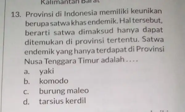 Kalimantan Barat 13. Provinsi di Indonesia memiliki keunikan berupa satwa khas endemik. Hal tersebut, berarti satwa dimaksud hanya dapat ditemukan di provinsi tertentu .