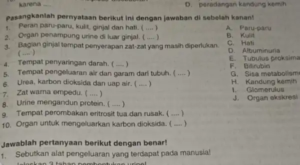 karena __ Pasangkanlah pernyataan berikut ini dengan jawaban di sebelah kanan! 1. Peran paru-paru, kulit, ginjal dan hati. ( __ 2. Organ penampung urine