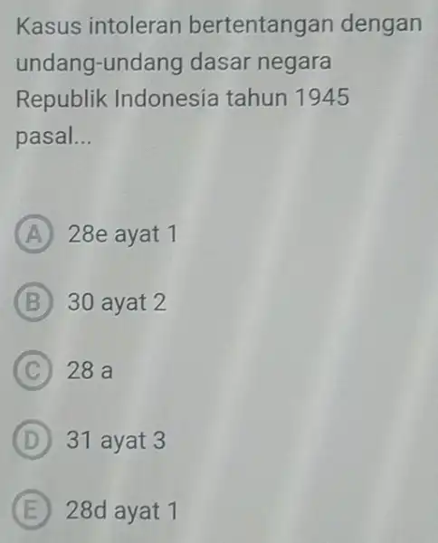 Kasus intoleran bertentang an dengan undang-undang dasar negara Republik Indonesia tahun 1945 pasal __ A 28e ayat 1 B 30 ayat 2 C 28