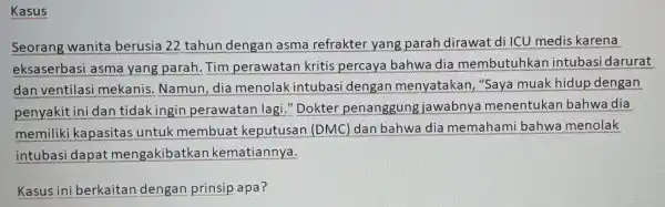 Kasus Seorang wanita berusia 22 tahun dengan asma refrakter yang parah dirawat di ICU medis karena eksaserbasi asma yang parah.Tim perawatan kritis percaya bahwa