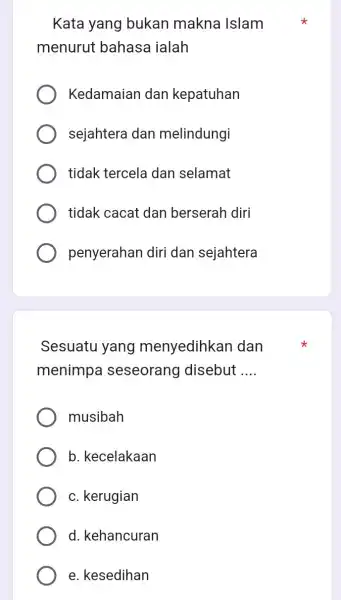 Kata yang bukan makna Islam menurut bahasa ialah Kedamaian dan kepatuhan sejahtera dan melindungi tidak tercela dan selamat tidak cacat dan berserah diri penyerahan