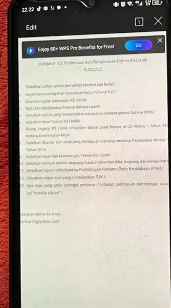 Kebijakan K3, Pembinaan dan Pengawasan Norma K3 Listrik QUIZZZZZ 1. Sebukan unsur-unsur penyebab kecelakaan kerja? E. Bagaimana pencegahan kecelakaan kerja menurut ILO? Sebutkan tujuan