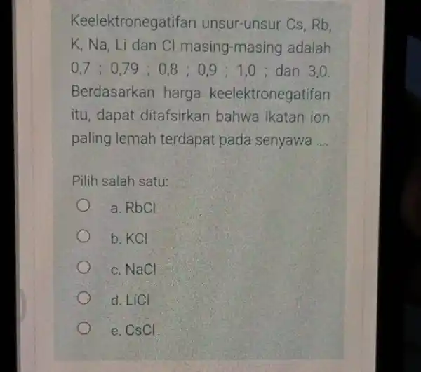 Keelektronegat ifan unsur-unsur Cs, Rb, K, Na, Li dan Cl masing-masing adalah 0,7;0,79;0,8;0,9;1,0 ; dan 3,0. Berdasarkan harga keelektronegatifan itu, dapat ditafsirkan bahwa ikatan