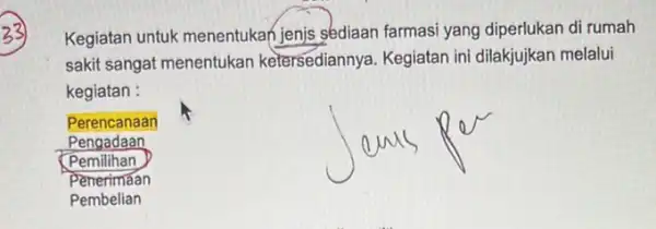 Kegiatan untuk menentukan jenjs sediaan farmasi yang diperlukan di rumah sakit sangat menentukan ketersediannya. Kegiatan ini dilakjujkan melalui kegiatan : Perencanaan Pengadaan Pemilihan Penerimaan