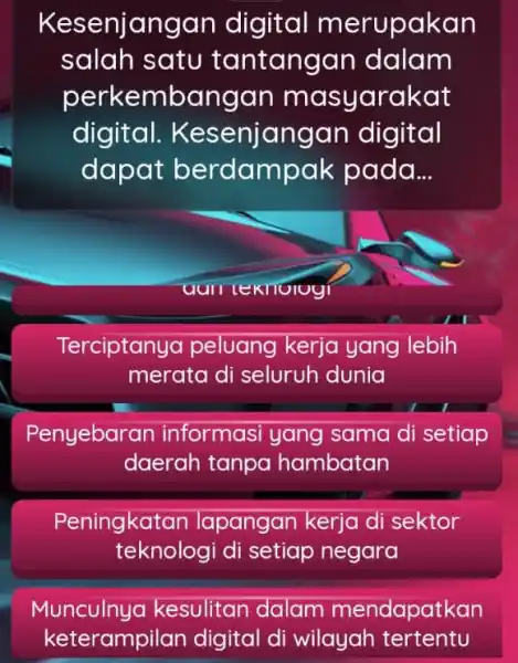 Kesenjan gan digital merupakan salah satu tantanga n dalam perkembangan masyarakat digital. Kese njangan digital dapat berdampak pada __ Terciptanya peluang kerja yang lebih