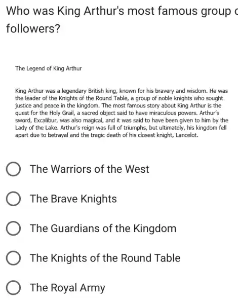 Who was King Arthur's most famous group c followers? The Legend of King Arthur King Arthur was a legendary British king, known for his