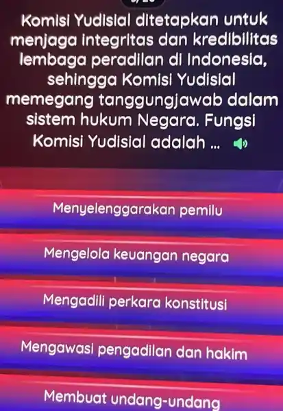 Komisi Yudisial ditetapkar untuk menjaga integritas dan kredibilitas Tembaga peradilan dI In donesia, sehingga Komisi Yudisial memegang tanggungjawab dalam sistem hukum Negara . Fungsi