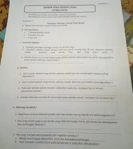 Lampiran 2 2. Gosoklah sedotan plastik dengan kain wol searah kurang lebih 20 kali dekatkan sedotan plastik tersebut kertas tisu. Apa yang kamu amati