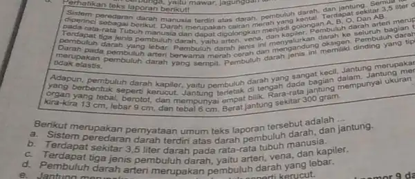 laporan berikut!mawar, jagungdall jantungkitar mawar, Jagungdan tant Semus liter diperinci speciars merah mel sabagai berikut. Darah m terdiri atas darah, pembuluh dartal. Terdapat Tubuh