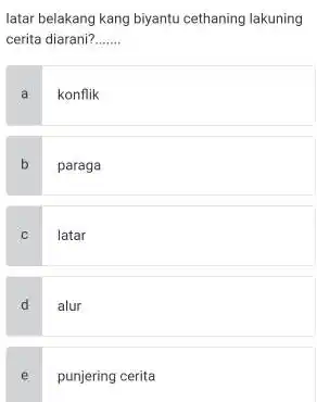 latar belakang kang biyantu cethaning lakuning cerita diarani? __ a konflik b paraga latar d alur __ e punjering cerita __