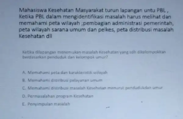 Mahasiswa Kesehatan Masyarakat turun lapangan untu PBL, Ketika PBL dalam mengidentifikasi masalah harus melihat dan memahami peta wilayah ;pembagian administrasi pemerintah peta wilayah sarana