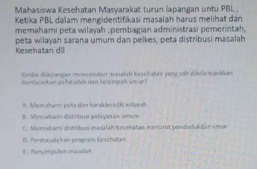 Mahasiswa Kesehatan Masyarakat turun lapangan untu PBL, Ketika PBL dalam mengidenti ikasi masalah harus melihat dan memahami peta wilayah ;pembagian administrasi pemerintah, peta wilayah