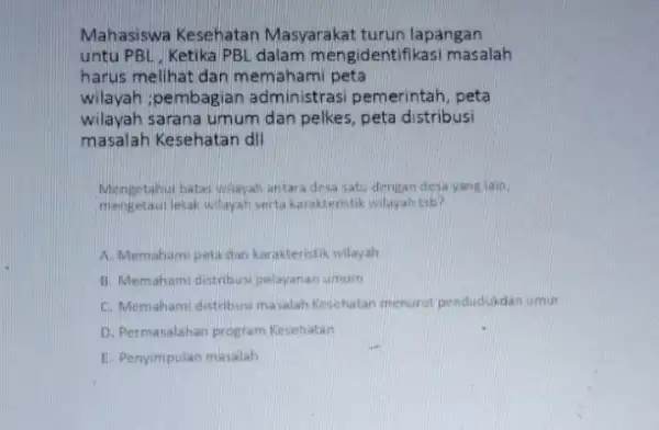 Mahasiswa Kesehatan Masyarakat turun lapangan untu PBL Ketika PBL dalam mengidentifikasi masalah harus melihat dan memaham peta wilayah ;pembagian administrasi pemerintah, peta wilayah sarana