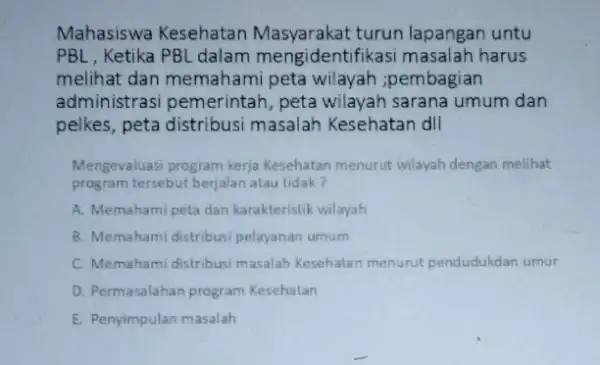 Mahasiswa Kesehatan turun lapangan untu PBL, Ketika PBL dalam mengidentifikasi masalah harus melihat dan memahami peta wilayah :pembagian administrasi pemerintah , peta wilayah sarana