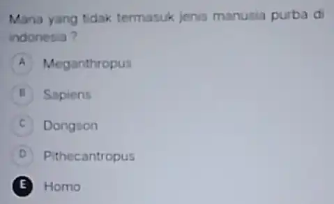 Mana yang tidak termasuk jenis manusia purba di indonesia? A Meganthropus B Sapiens C Dongson D Pithecantropus E Homo