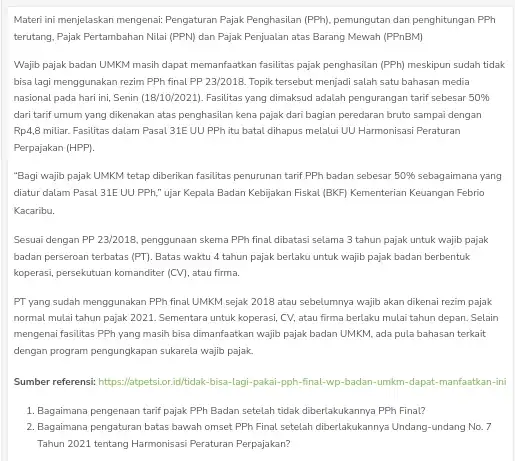 Materi ini menjelaskan mengenai Pengaturan Pajak Penghasilan (PPh)pemungutan dan penghitungan PPh terutang, Pajak Pertambahan Nilai (PPN) dan Pajak Penjualan atas Barang Mewah (PPnBM) Wajib