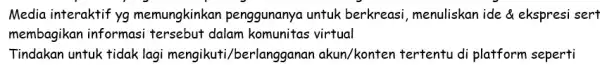 Media interaktif yg memungkinkar penggunanya untuk berkreasi, menuliskan ide ekspresi sert membagikan informasi tersebut dalam komunitas virtual Tindakan untuk tidak lagi mengikuti/berlangganan akun/konten tertentu