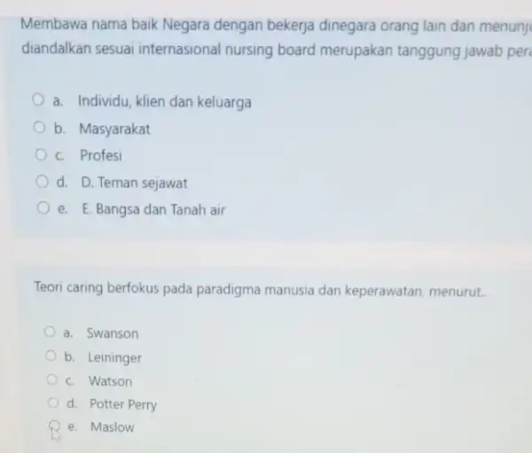 Membawa nama baik Negara dengan bekerja dinegara orang lain dan menunji diandalkan sesuai internasional nursing board merupakan tanggung jawab per a. Individu, klien dan