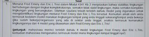 Menurut Fred Emery dan Eric L.Trist dalam Modul 4341 Kb 2 menjelaskan bahwa stabilitas lingkungan berhubungan dengan tingkat kompleksitasnya, semakin tidak stabil lingkungan, maka