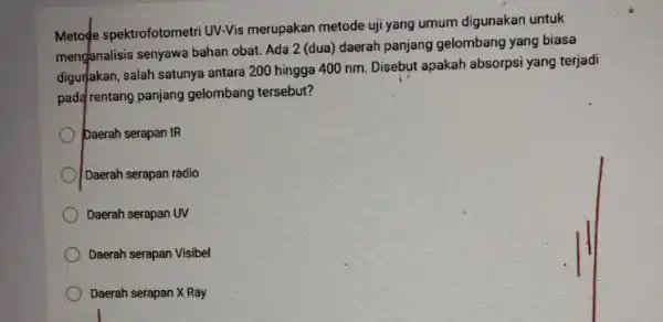 Metode spektrofotometri UV-Vis merupakan metode uji yang umum digunakan untuk menganalisis senyawa bahan obat. Ada 2 (dua) daerah panjang gelombang yang biasa digurakan, salah